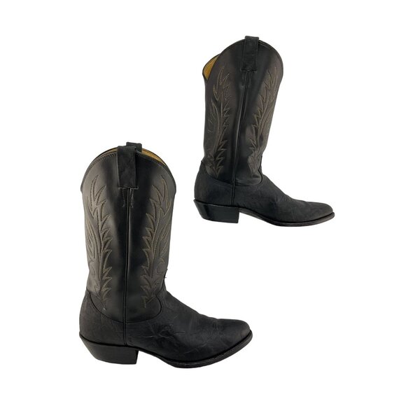 Men's Diamond J Black Leather Almond Toe Western Cowboy Boots Size 10 D - Picture 1 of 8